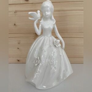 VINTAGE Glossy White Porcelain Young Girl with Bird & Flowers Elegant Figurine